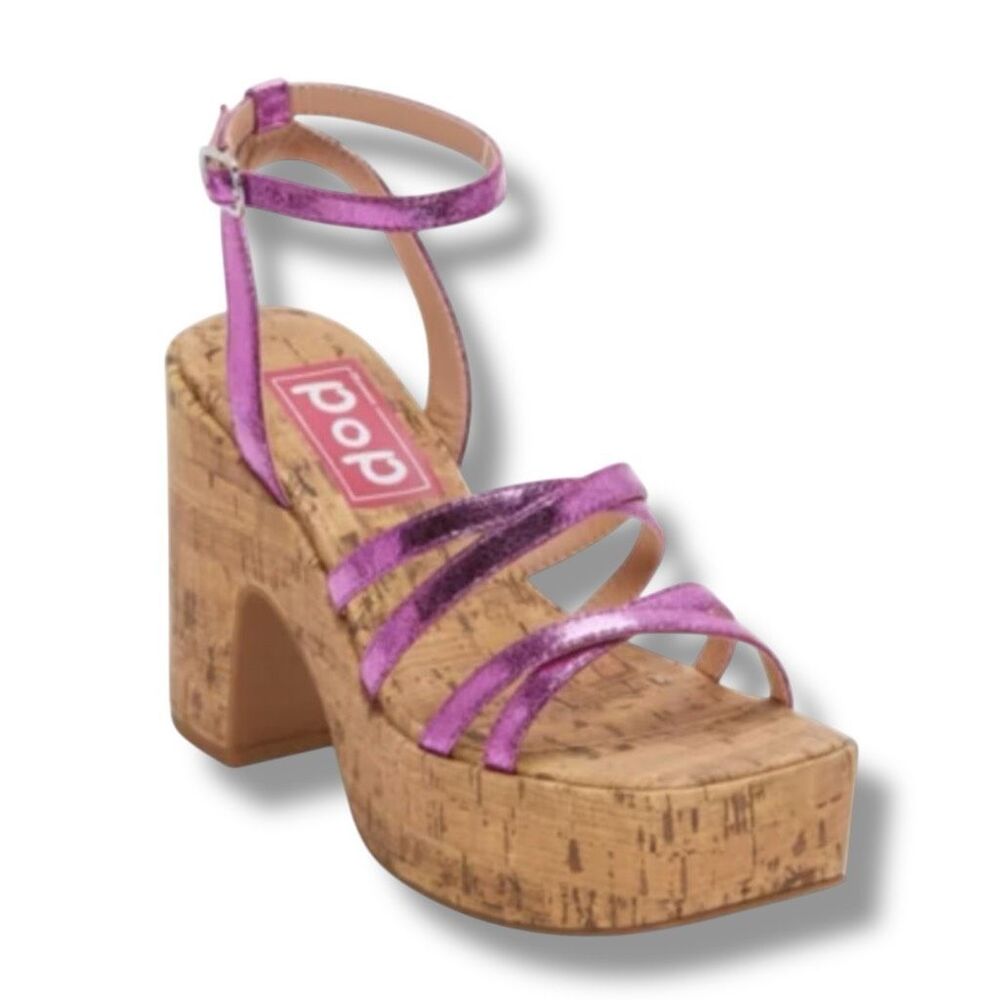 POP Admission Platform Strappy Sandals Sz 8M Pink Metallic Cork Block Heel